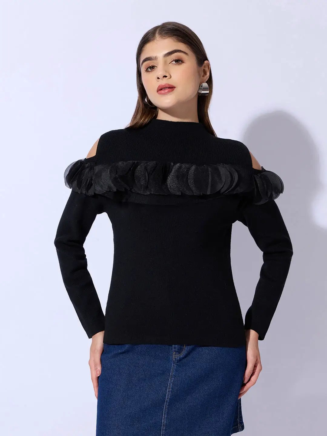 Women's Knitted Black Cold Shoulder Ruffle Top