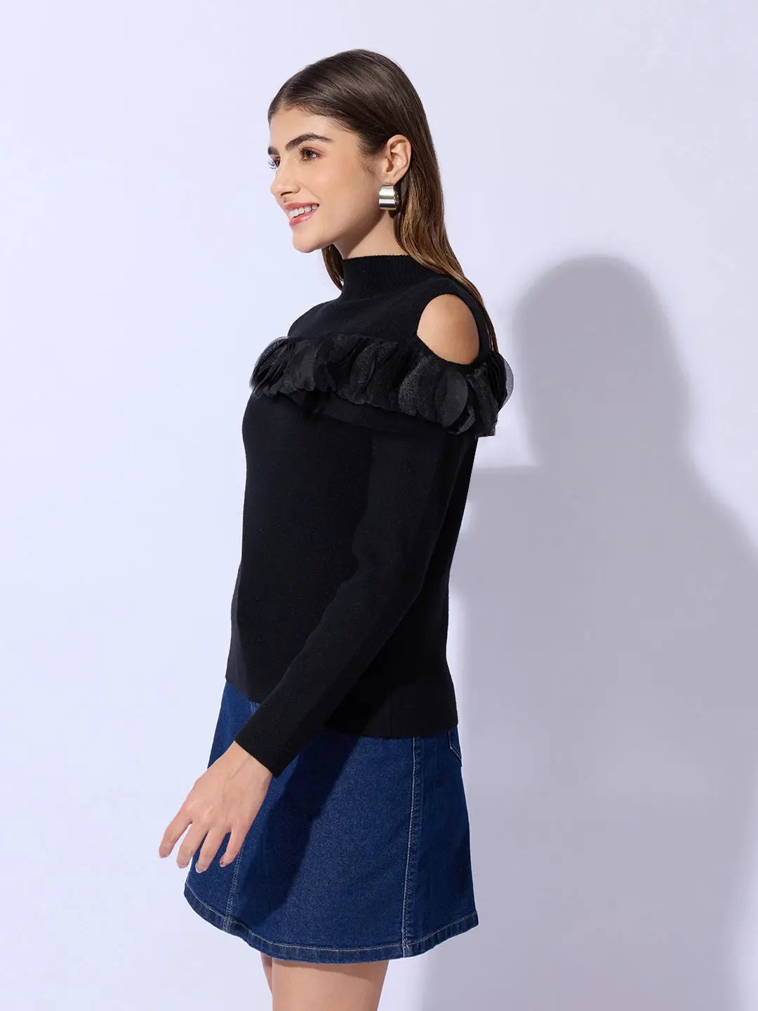 Women's Knitted Black Cold Shoulder Ruffle Top