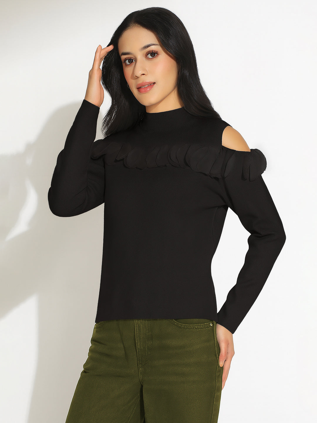 Women’s Knitted Black Cold Shoulder Ruffle Top