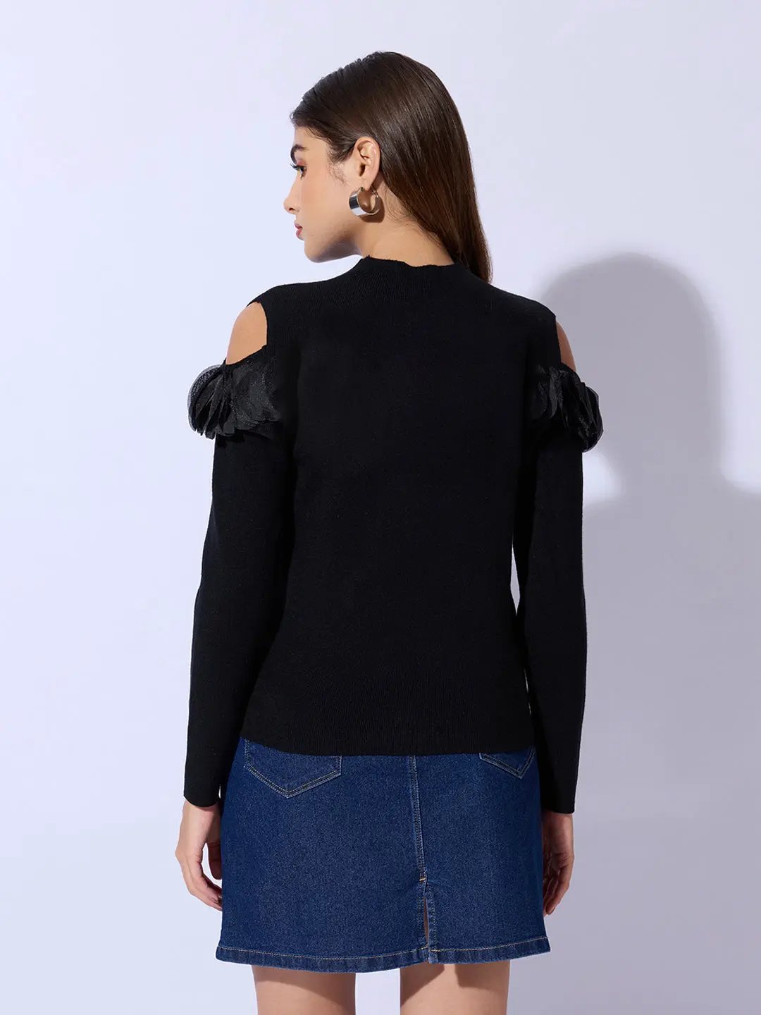 Women's Knitted Black Cold Shoulder Ruffle Top