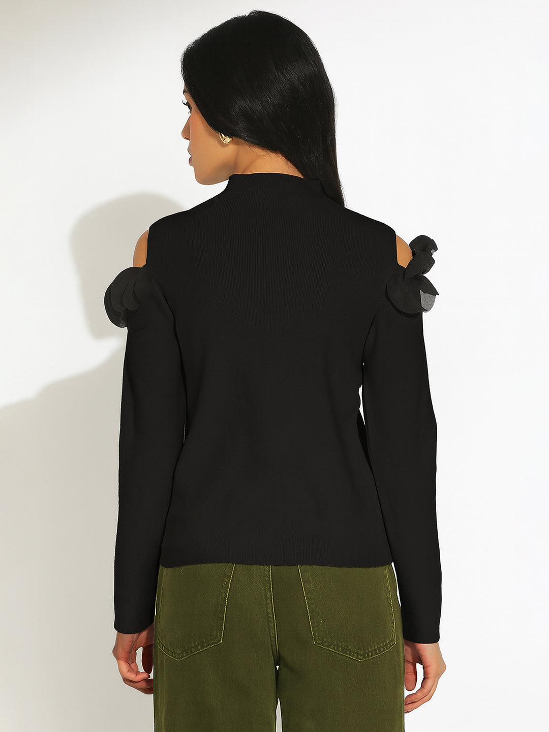 Women’s Knitted Black Cold Shoulder Ruffle Top