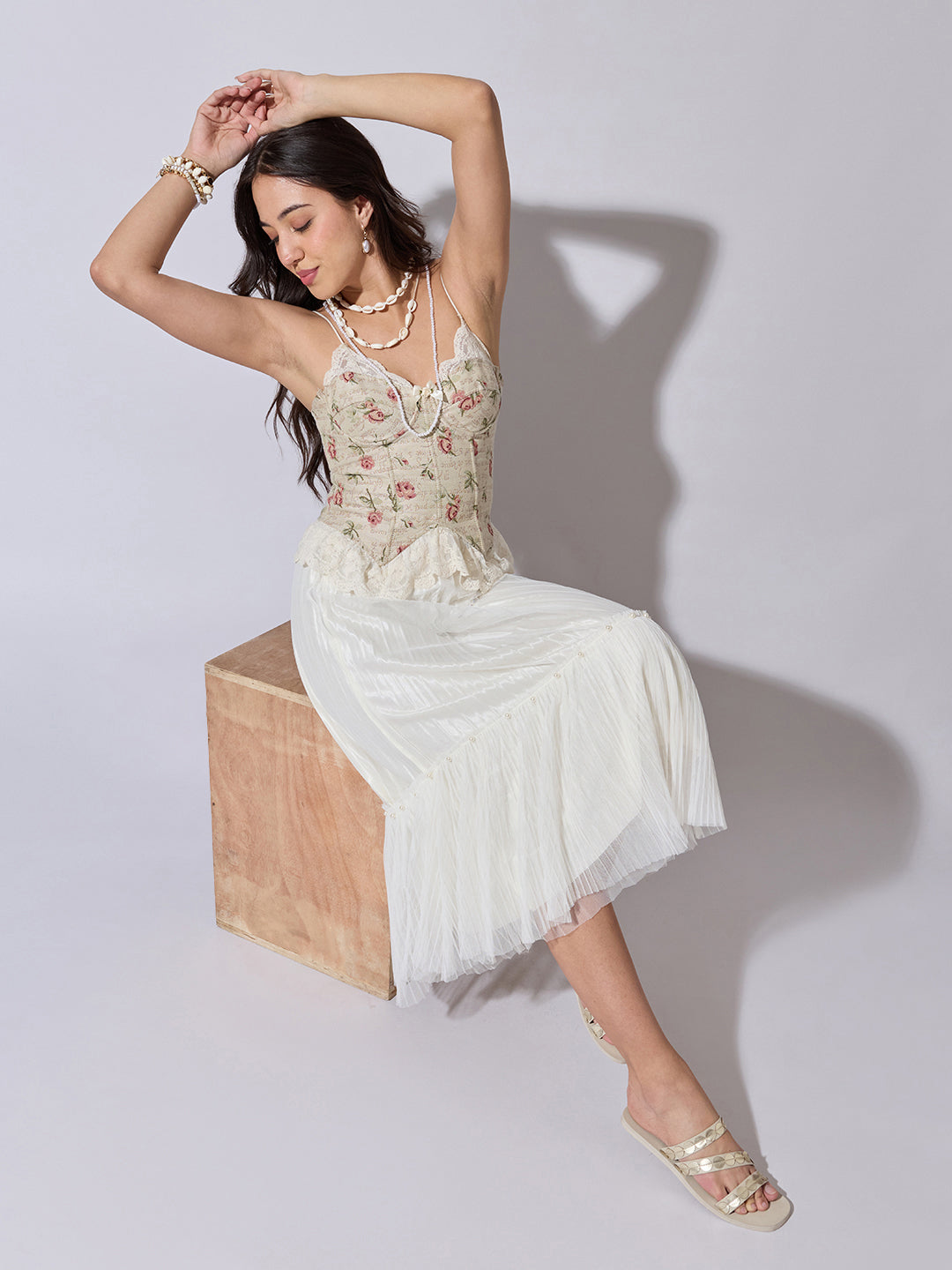 Women's Pleated Cream Midi Skirt with Pearl Embellished Hem