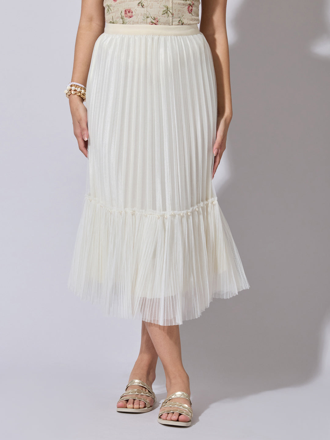 Women's Pleated Cream Midi Skirt with Pearl Embellished Hem