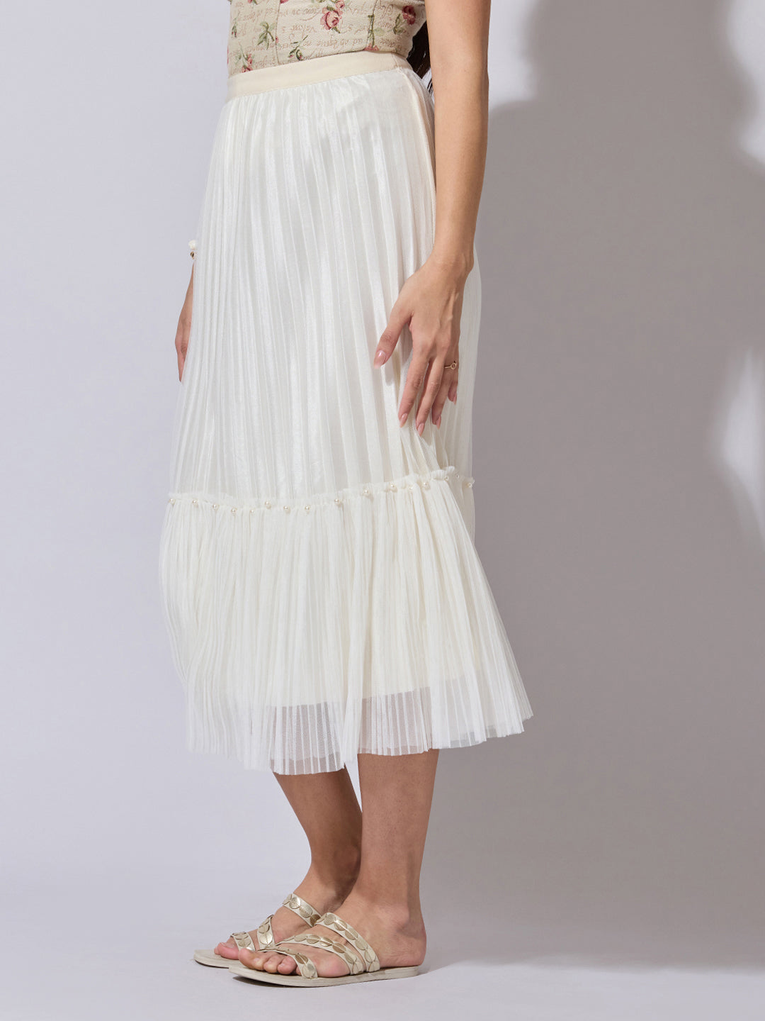 Women's Pleated Cream Midi Skirt with Pearl Embellished Hem