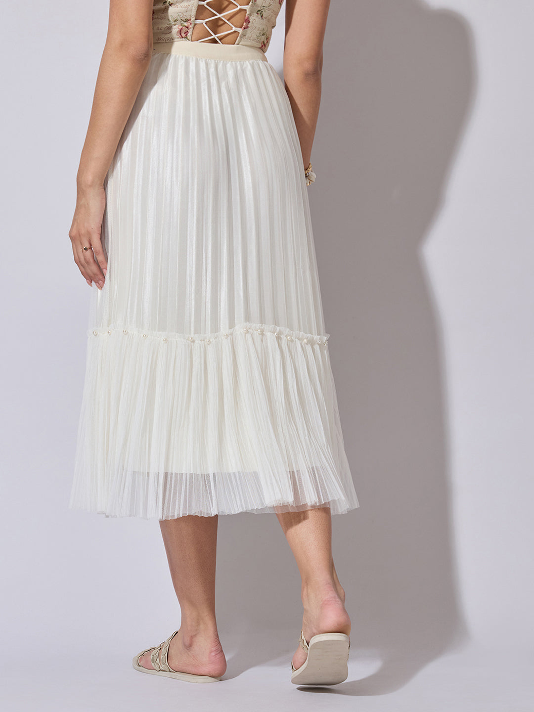 Women's Pleated Cream Midi Skirt with Pearl Embellished Hem