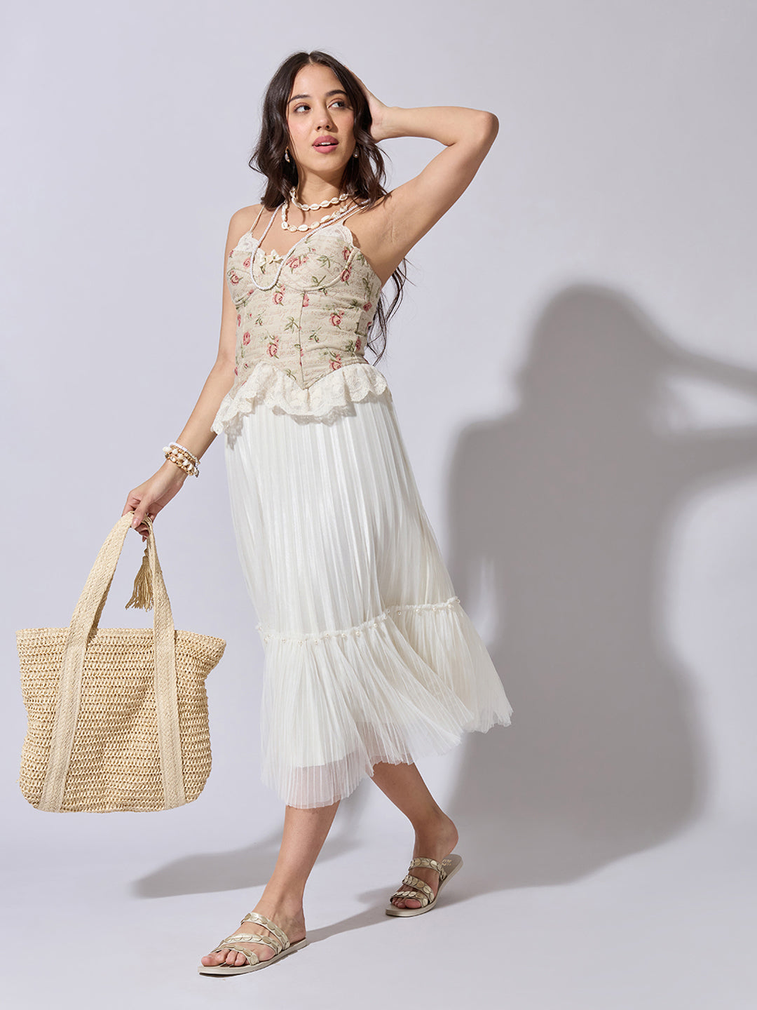 Women's Pleated Cream Midi Skirt with Pearl Embellished Hem