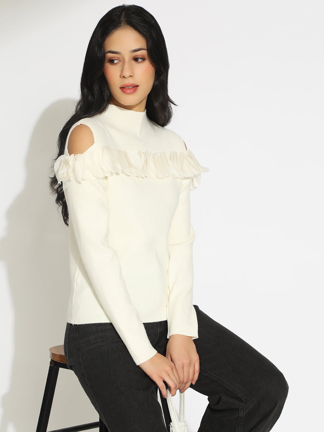 Women’s Knitted White Cold Shoulder Ruffle Top