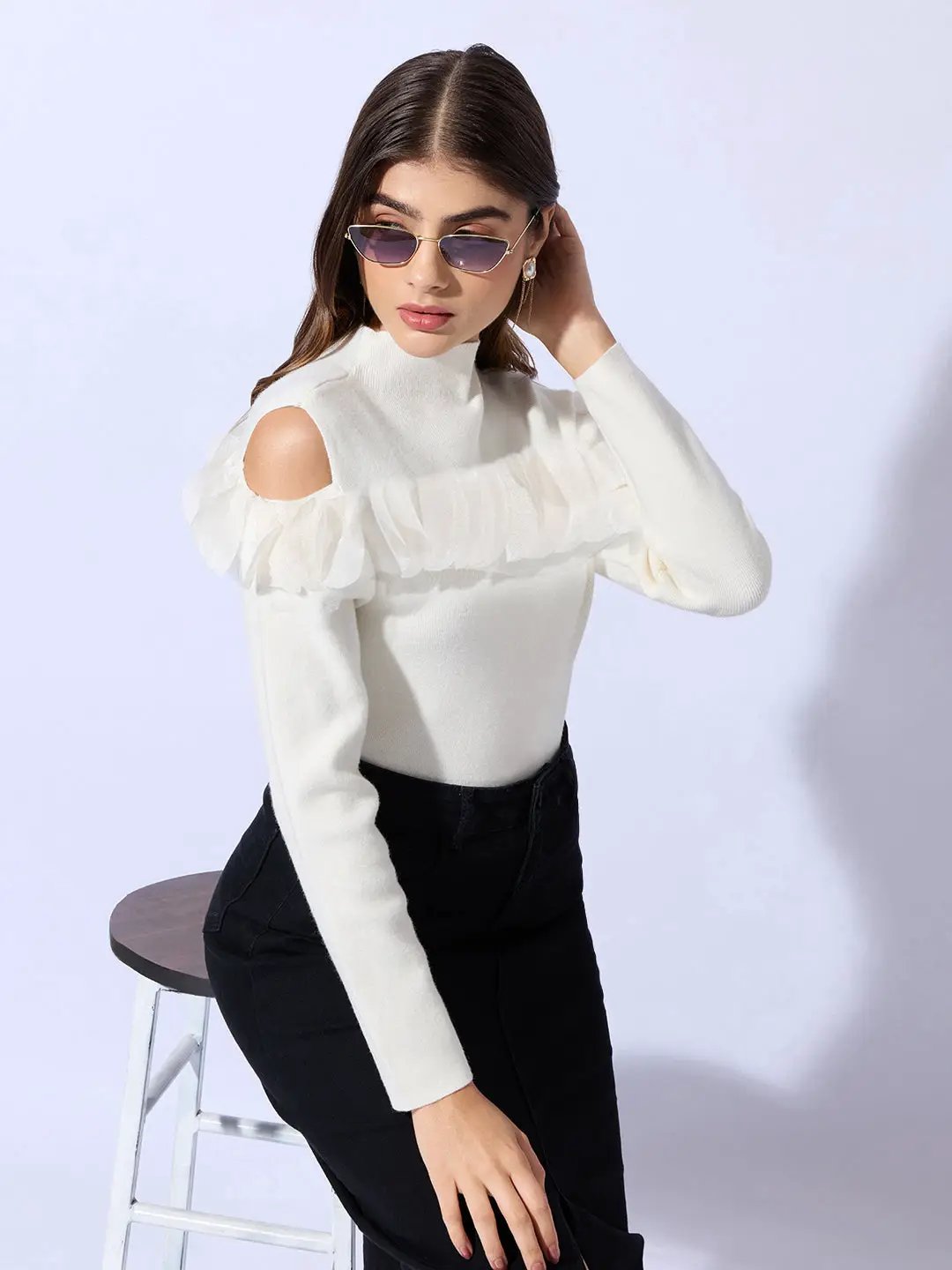 Women's Knitted White Cold Shoulder Ruffle Top