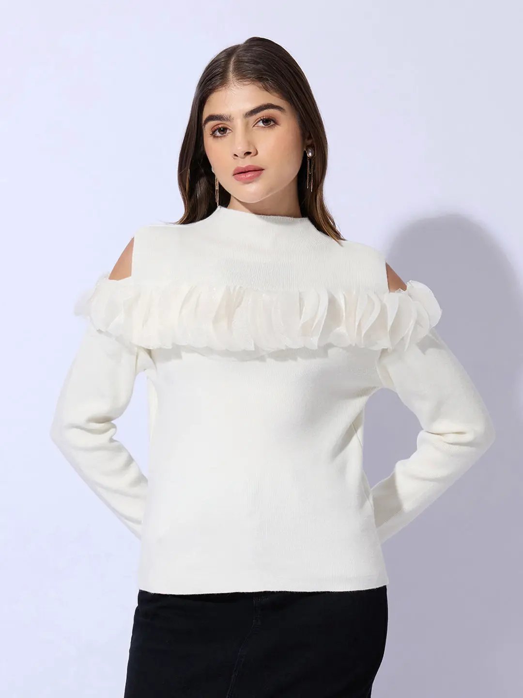 Women's Knitted White Cold Shoulder Ruffle Top