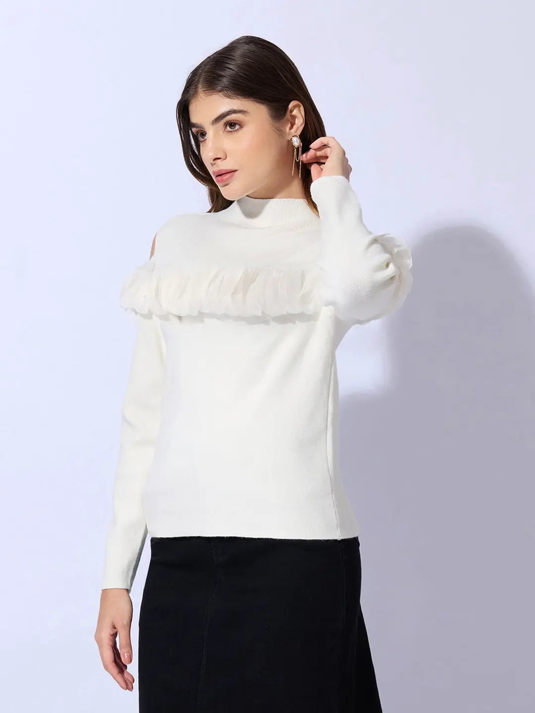 Women's Knitted White Cold Shoulder Ruffle Top