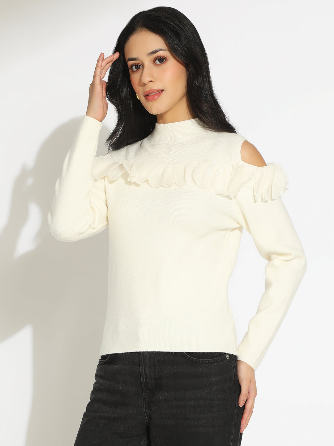 Women’s Knitted White Cold Shoulder Ruffle Top