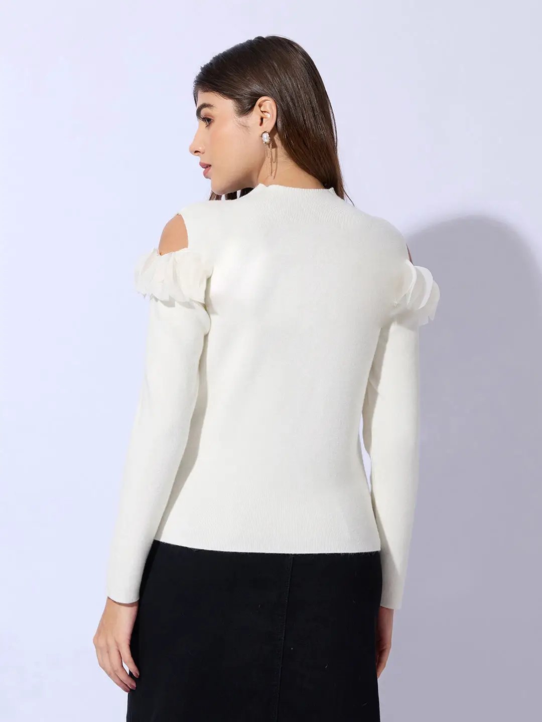 Women's Knitted White Cold Shoulder Ruffle Top