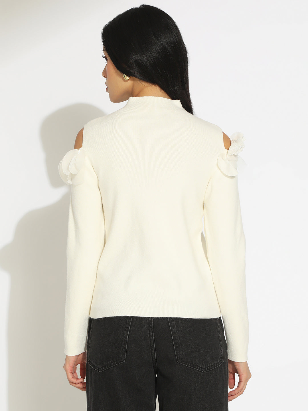 Women’s Knitted White Cold Shoulder Ruffle Top