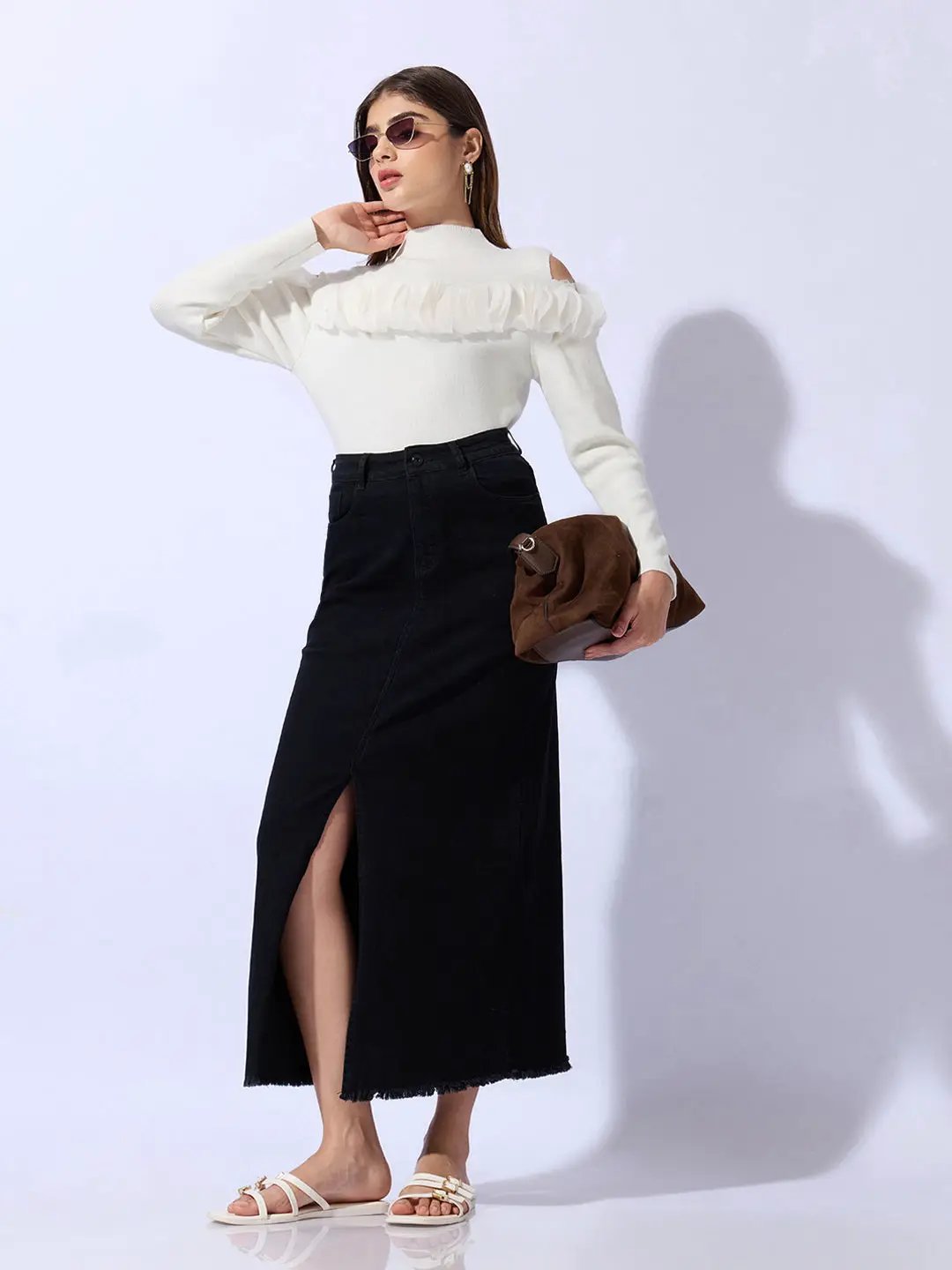 Women's Knitted White Cold Shoulder Ruffle Top