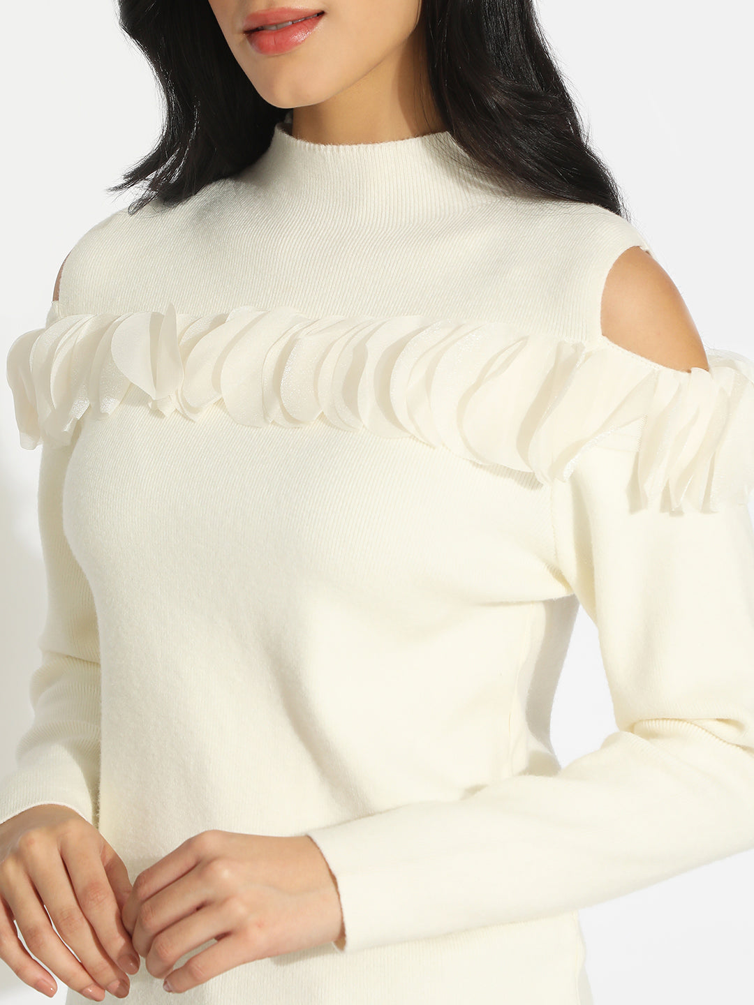 Women’s Knitted White Cold Shoulder Ruffle Top