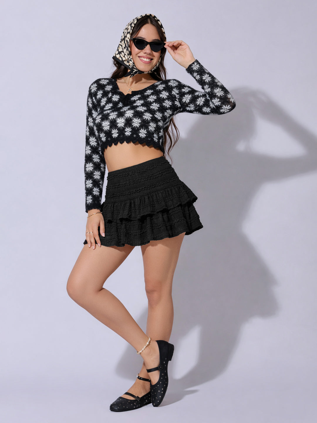 Women's Textured Black Ruffle Tiered Mini Skort