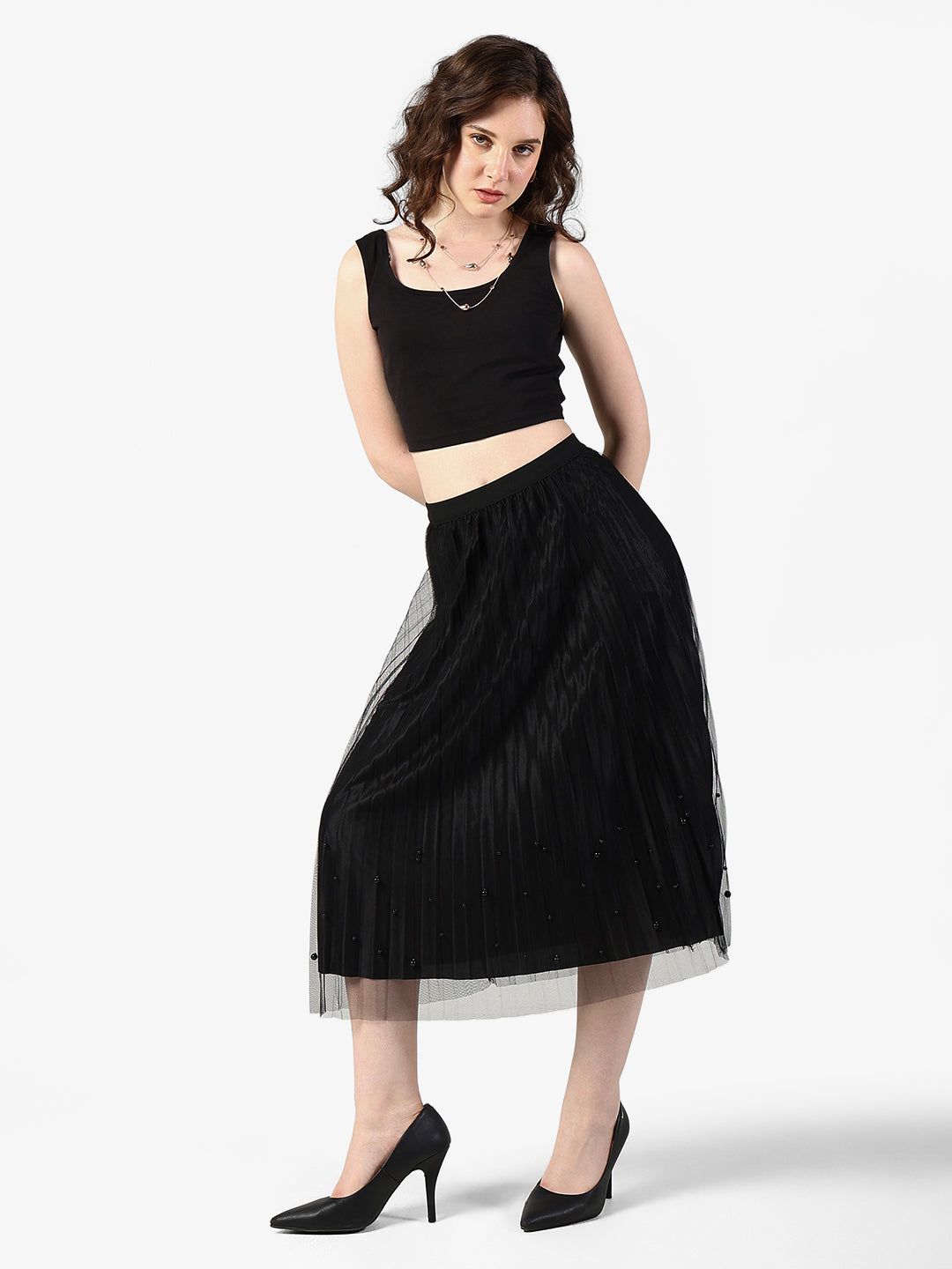 Women's Pleated Black Midi Skirt with Subtle Pearl Accents