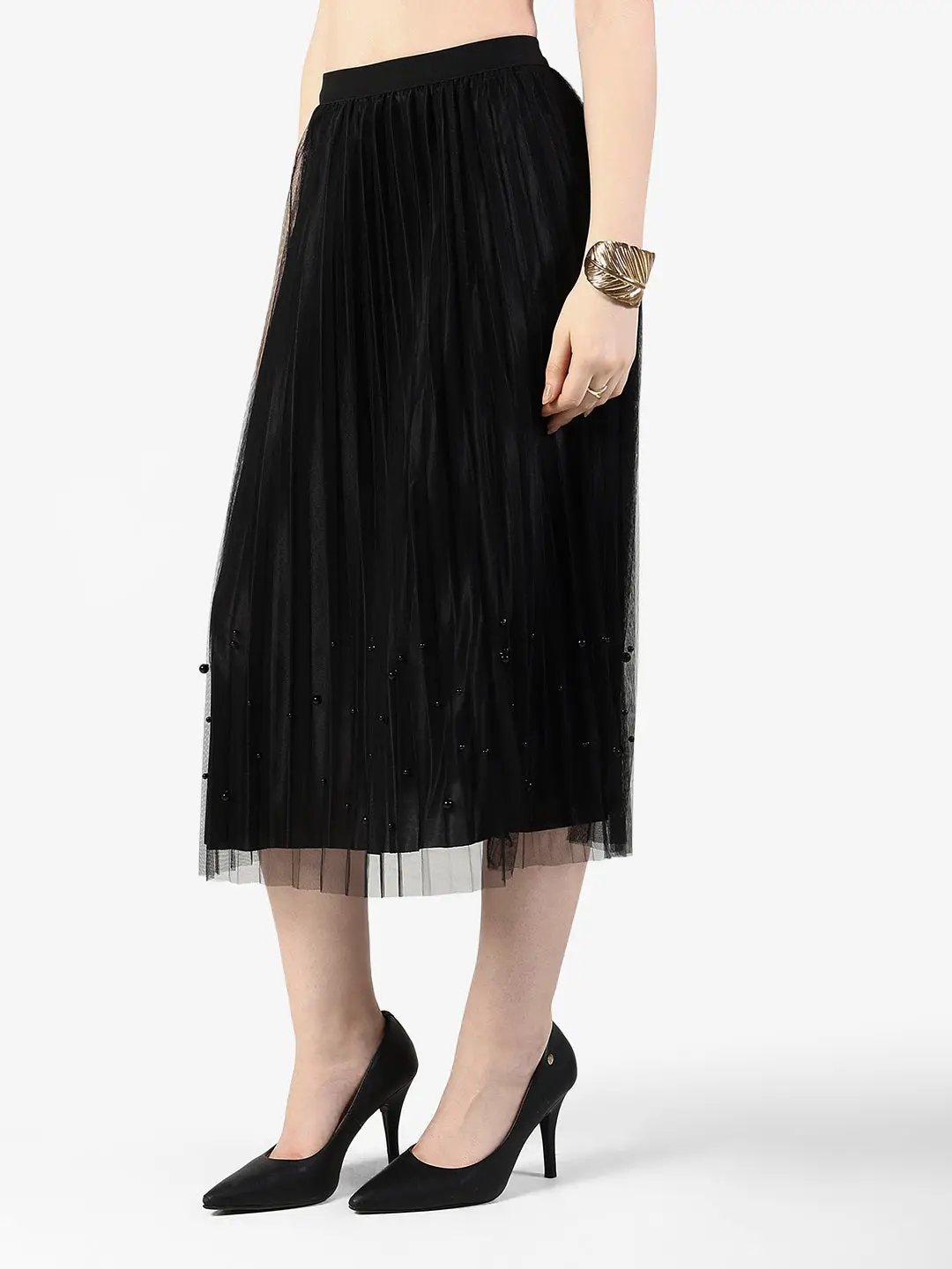 Women's Pleated Black Midi Skirt with Subtle Pearl Accents