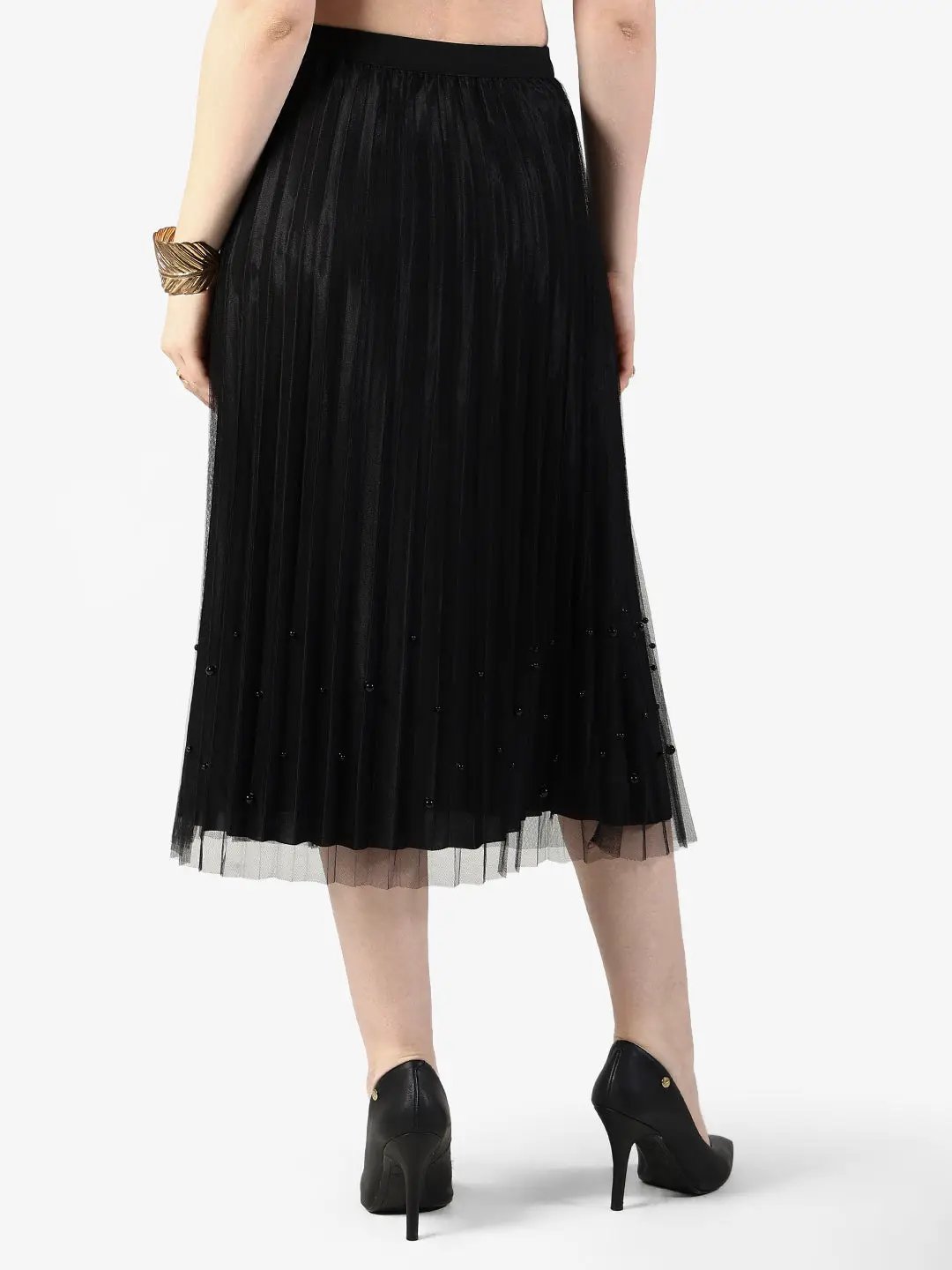 Women's Pleated Black Midi Skirt with Subtle Pearl Accents