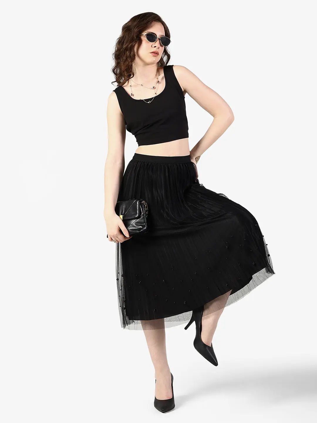 Women's Pleated Black Midi Skirt with Subtle Pearl Accents