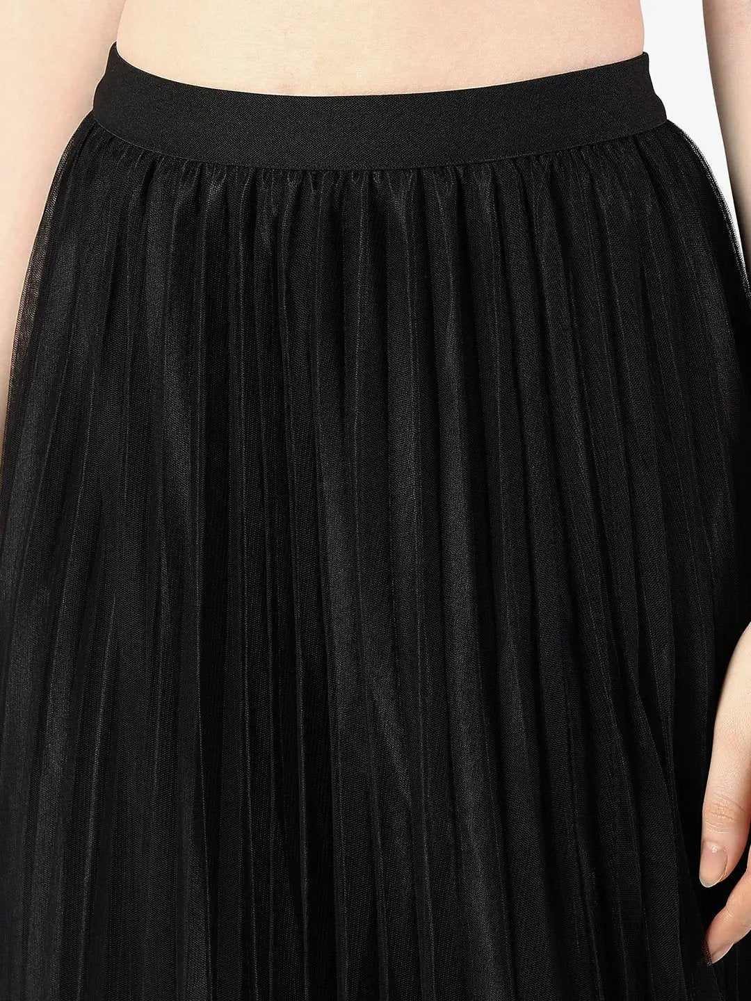Women's Pleated Black Midi Skirt with Subtle Pearl Accents