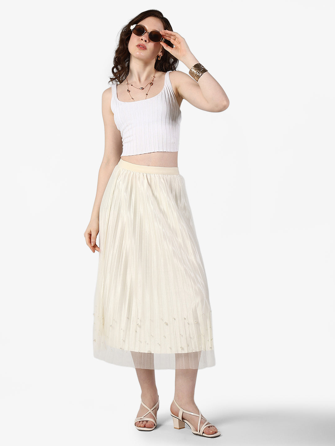 Women's Pleated Cream Midi Skirt with Subtle Pearl Accents