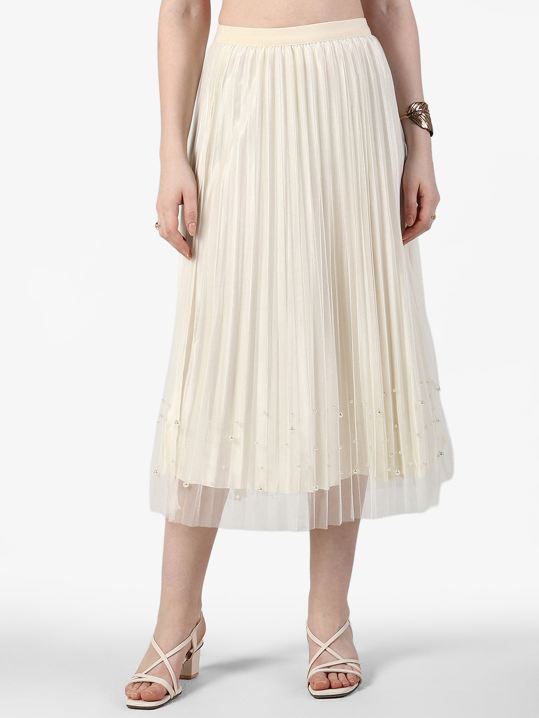 Women's Pleated Cream Midi Skirt with Subtle Pearl Accents