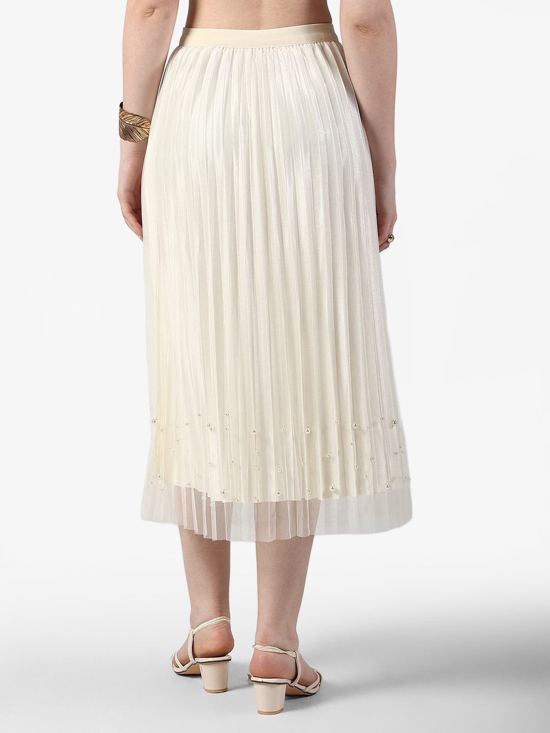 Women's Pleated Cream Midi Skirt with Subtle Pearl Accents