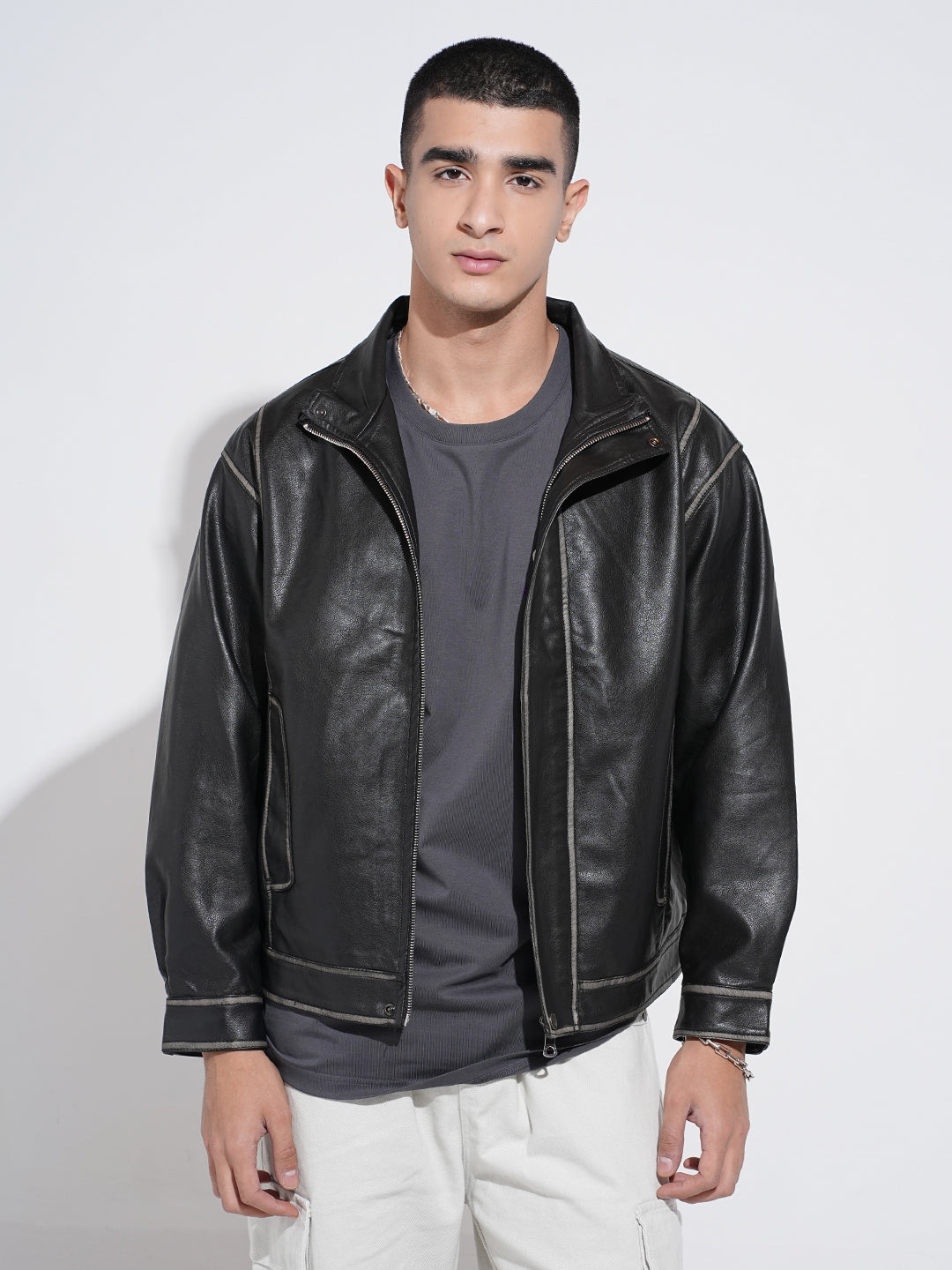 Men's Black Faux Leather Biker Jacket