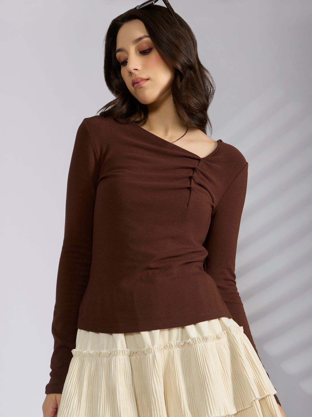 Women's Brown Asymmetric Ruched Neckline Long Sleeve Top