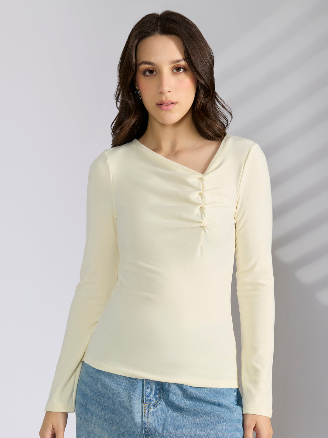Women's Cream Asymmetric Ruched Neckline Long Sleeve Top