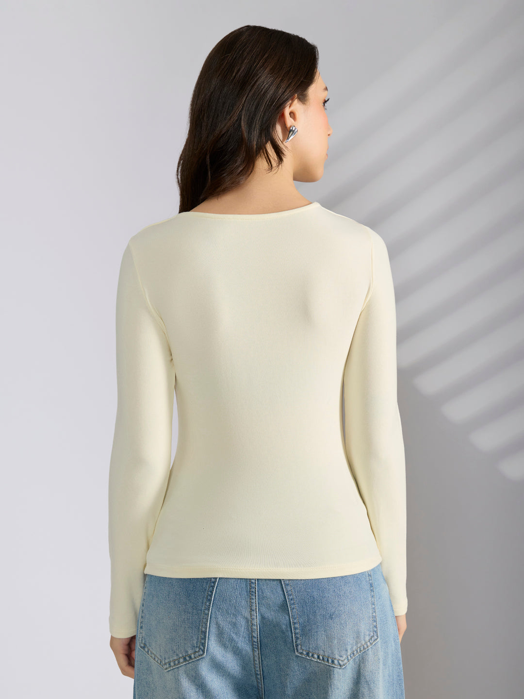 Women's Cream Asymmetric Ruched Neckline Long Sleeve Top