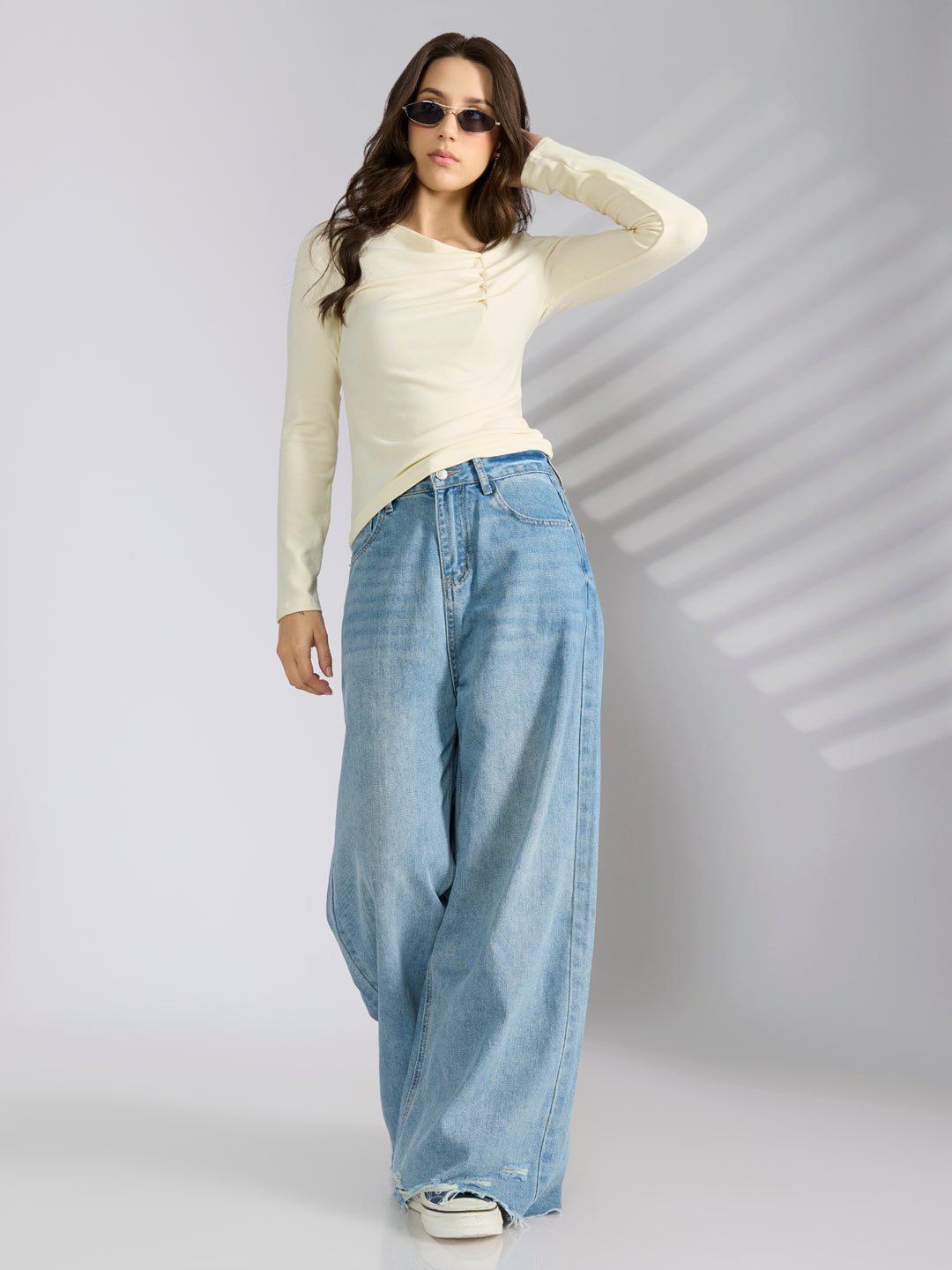 Women's Cream Asymmetric Ruched Neckline Long Sleeve Top