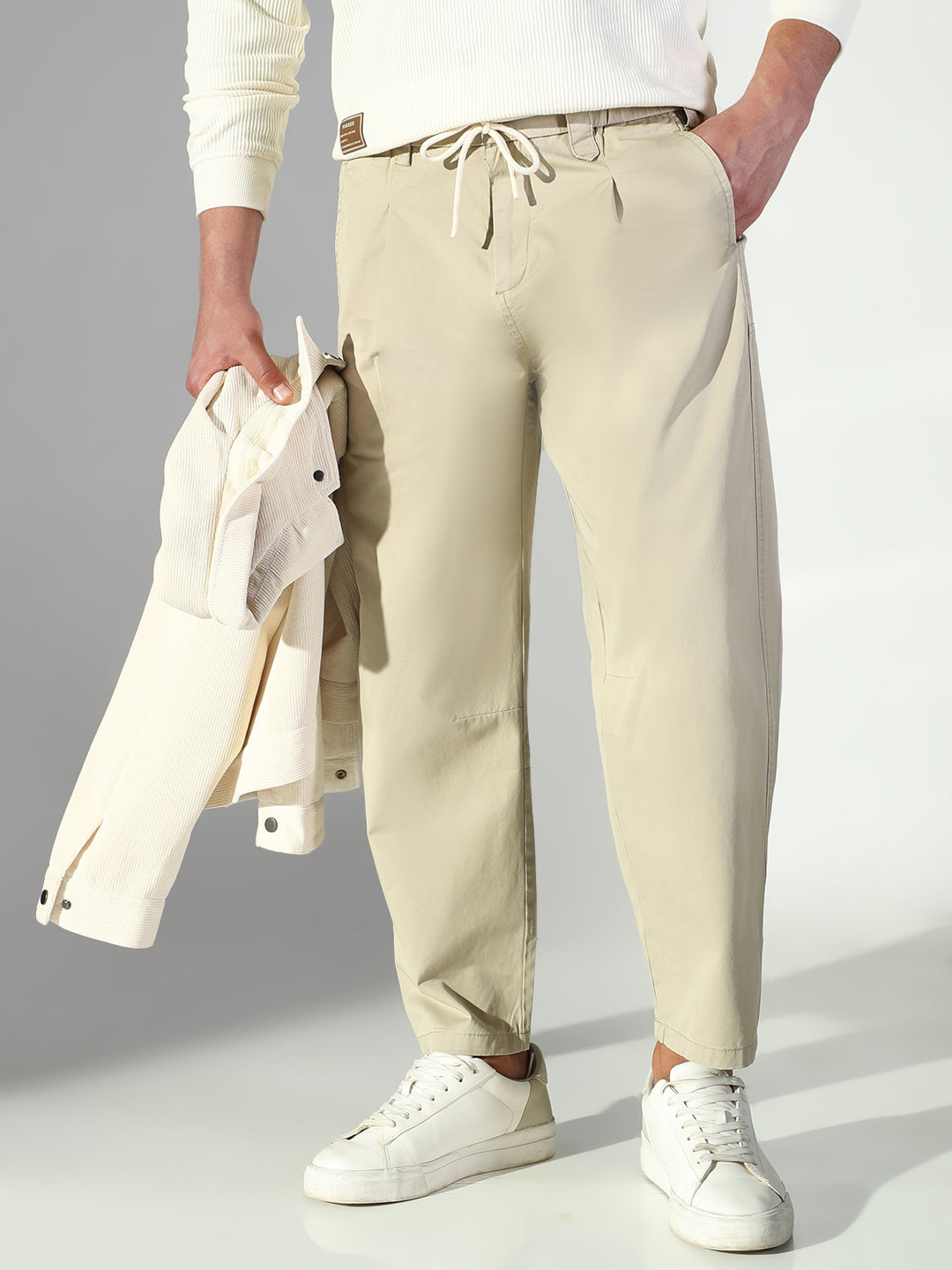 Men Beige Solid Korean Trousers