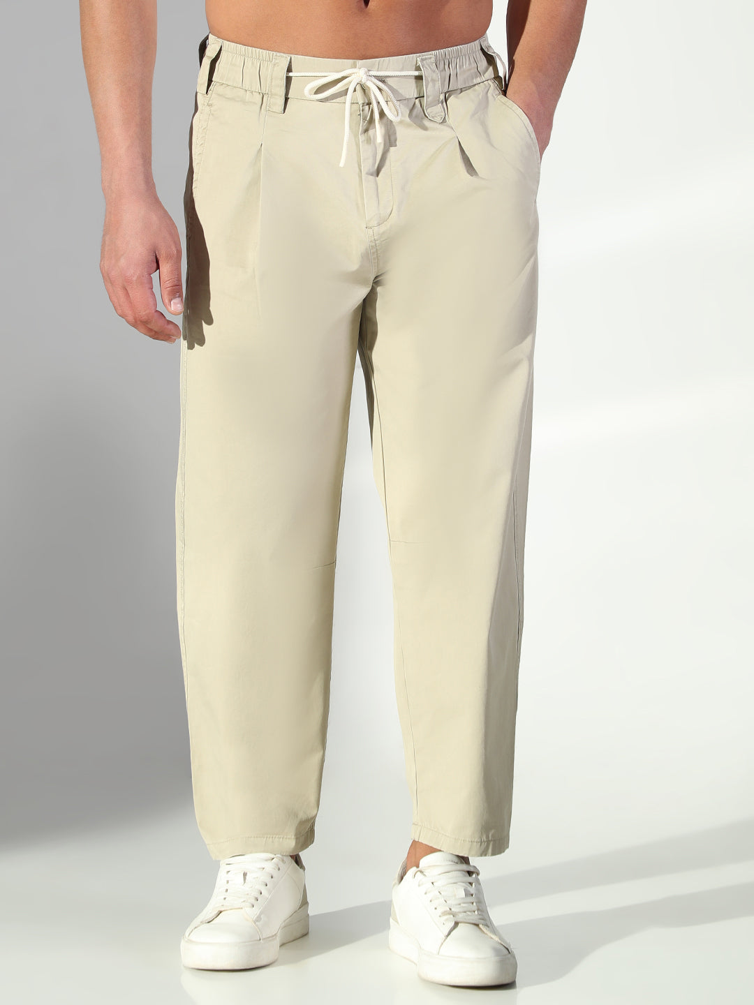 Men Beige Solid Korean Trousers