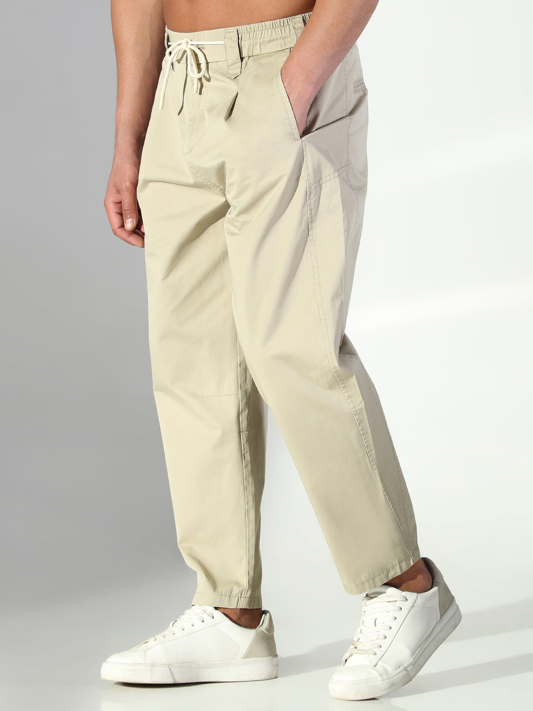 Men Beige Solid Korean Trousers