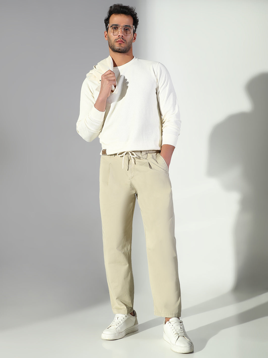 Men Beige Solid Korean Trousers