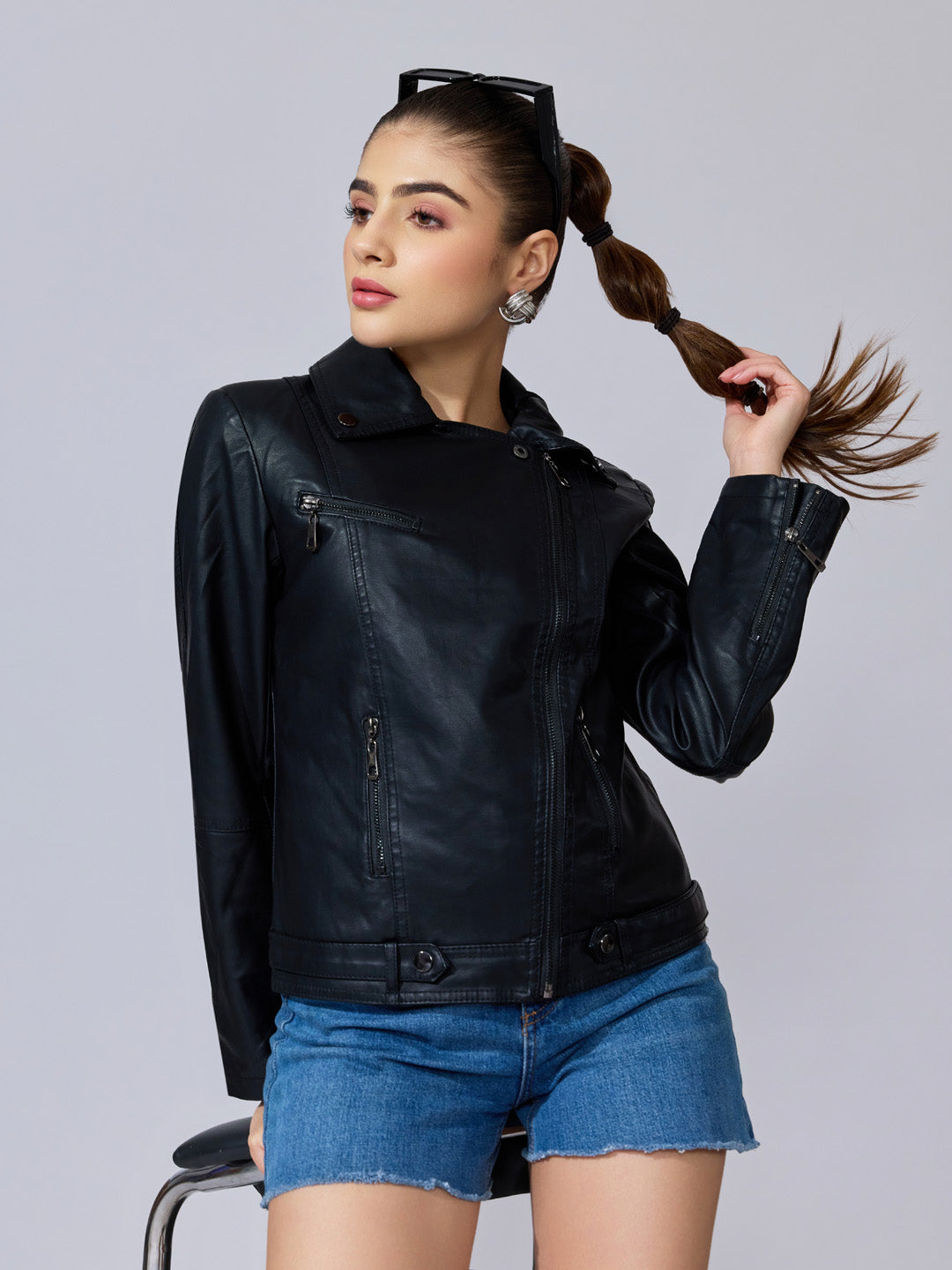 Women's Black Faux Leather Biker Jacket with Asymmetric Zip