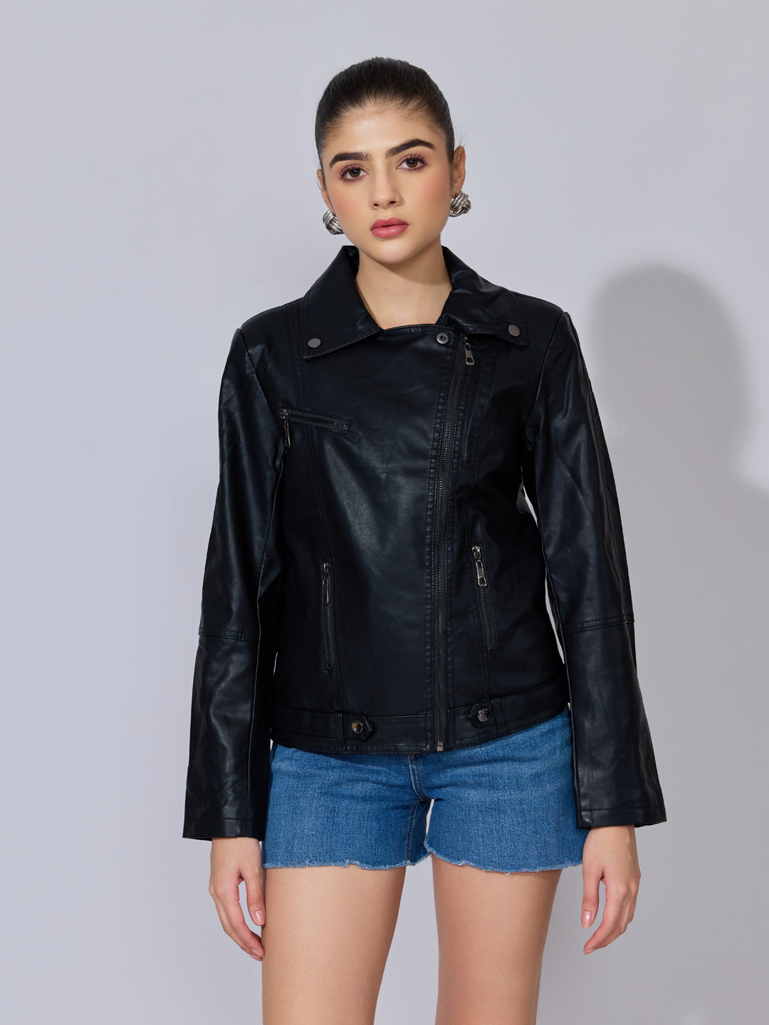 Women's Black Faux Leather Biker Jacket with Asymmetric Zip