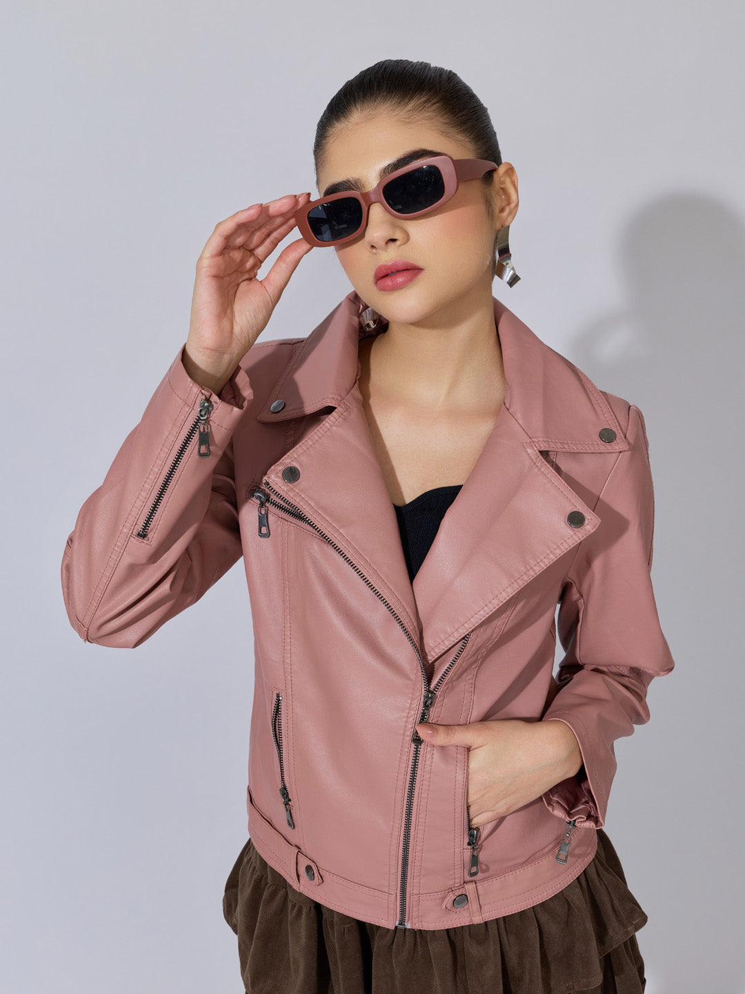 Women's Pink Faux Leather Biker Jacket with Asymmetric Zip