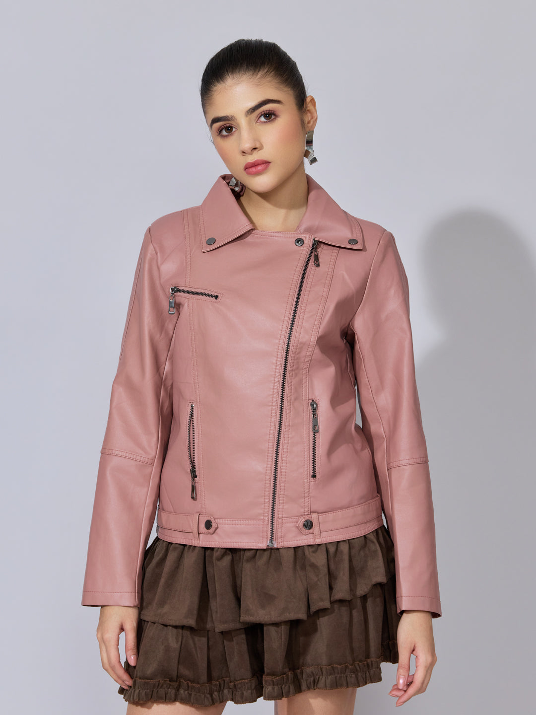 Women's Pink Faux Leather Biker Jacket with Asymmetric Zip