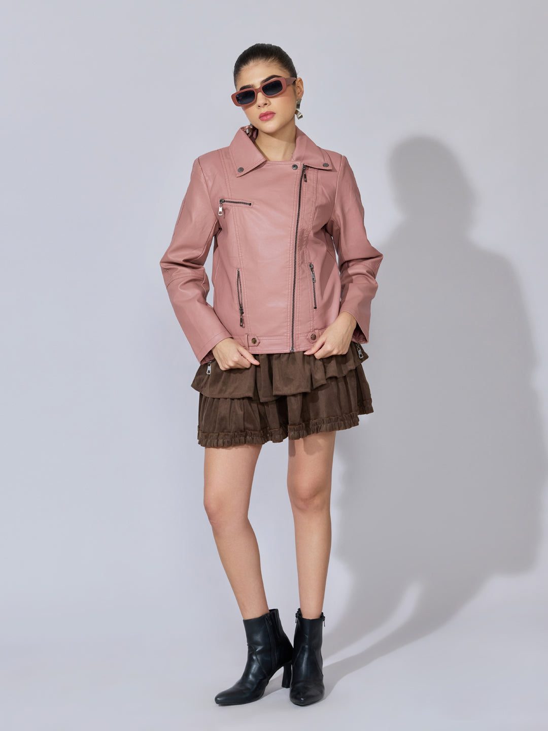 Women's Pink Faux Leather Biker Jacket with Asymmetric Zip