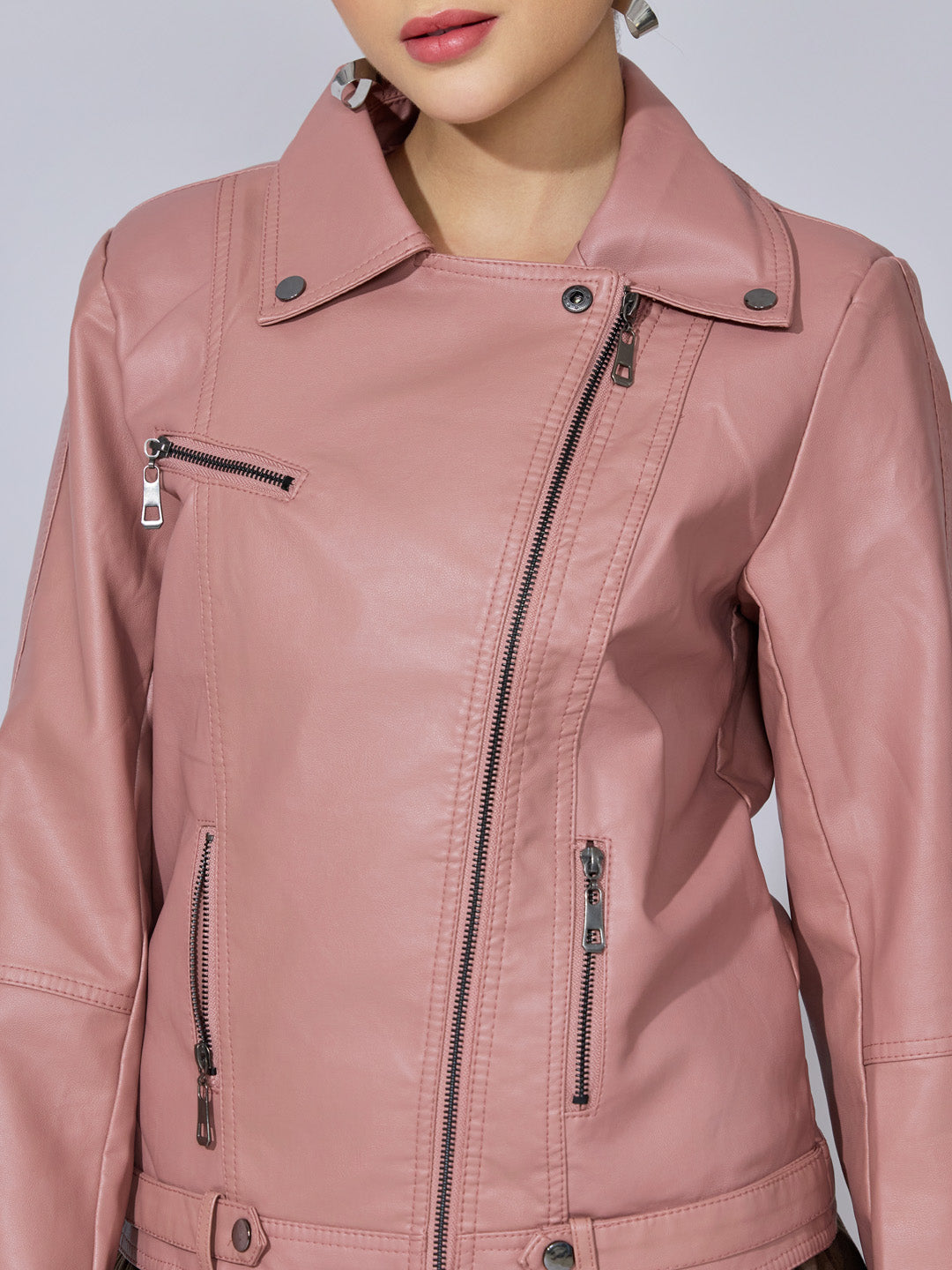 Women's Pink Faux Leather Biker Jacket with Asymmetric Zip