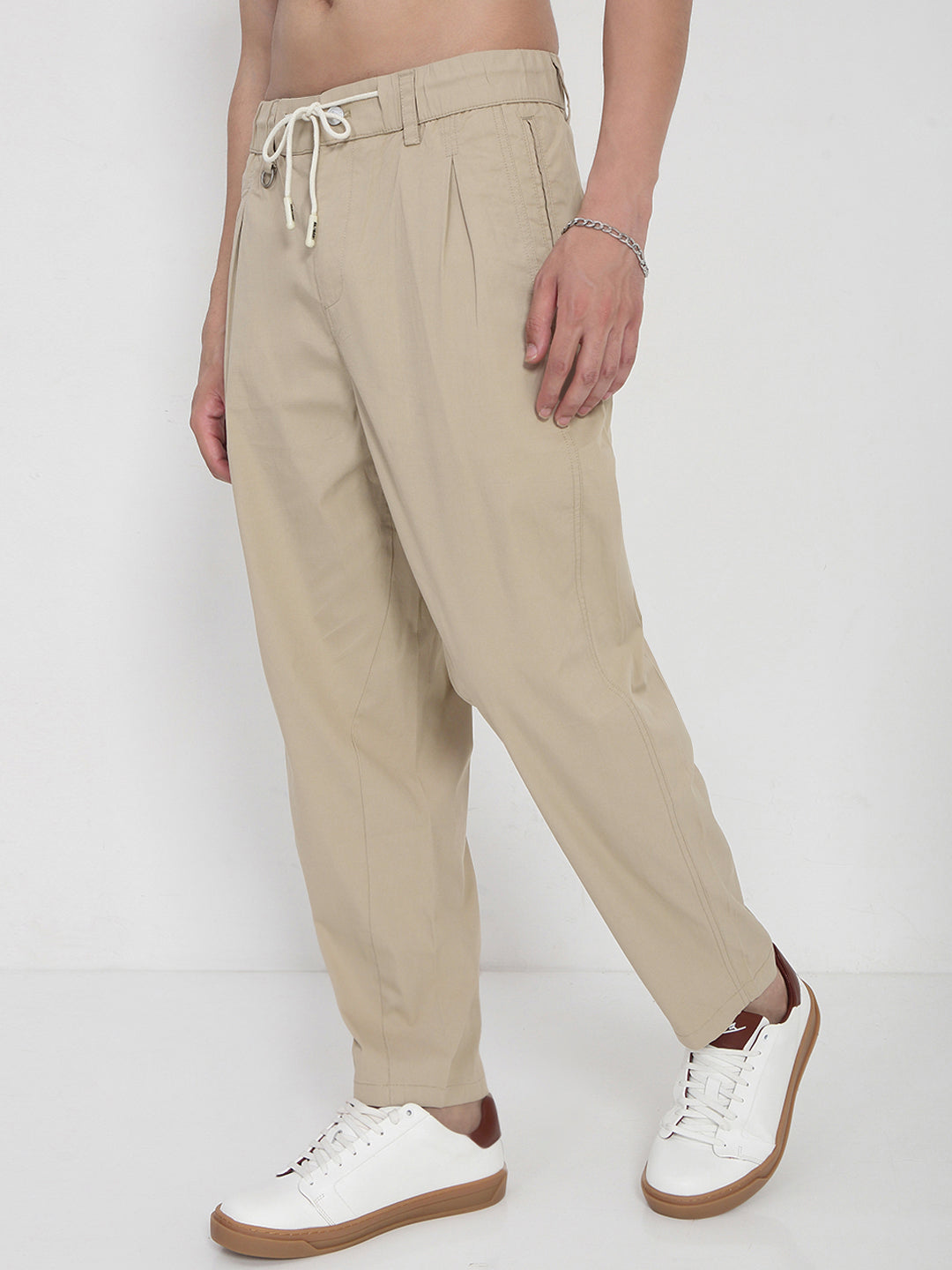 Men's Cotton Beige Relaxed Fit Trousers