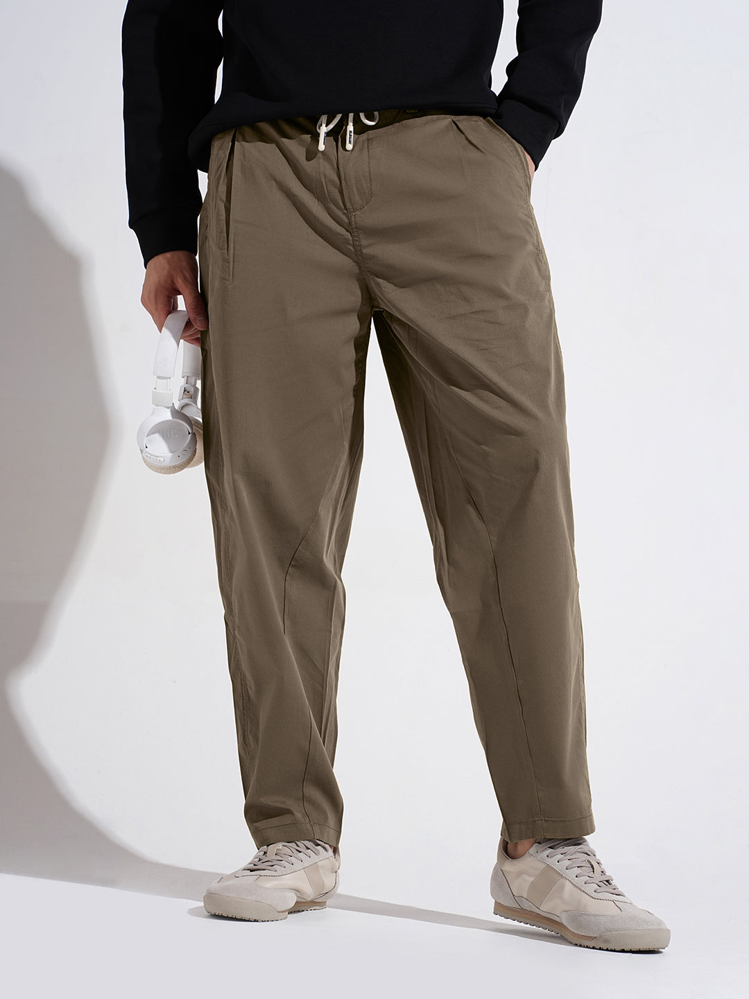 Men's Khaki Relaxed Fit Trousers with Elasticated Waist and Drawstring