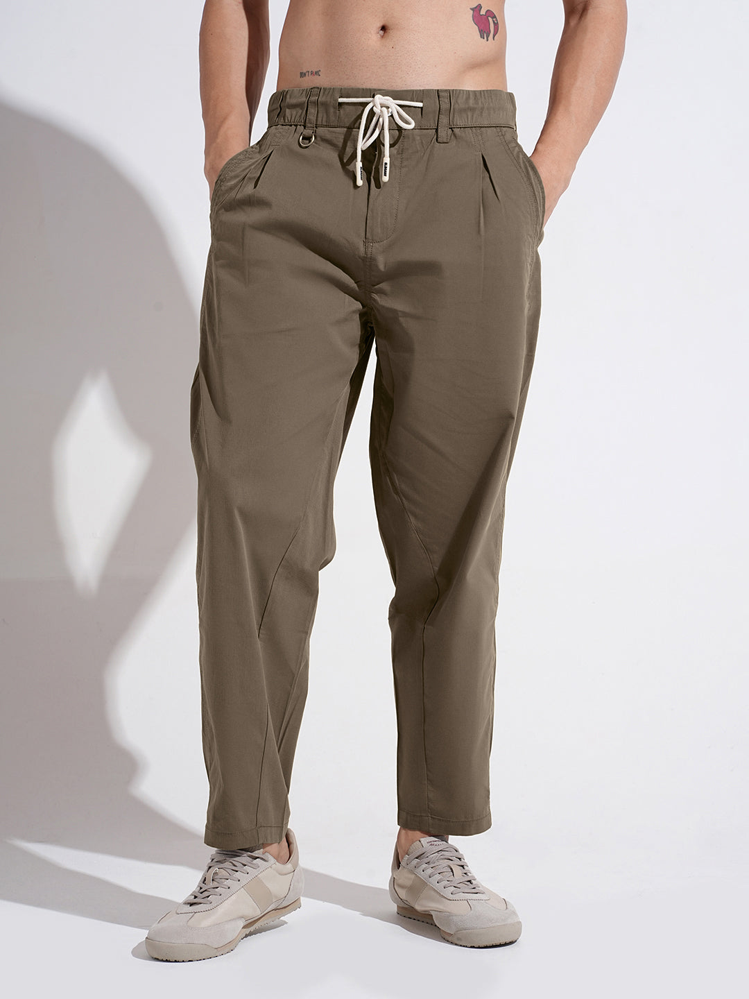 Men's Khaki Relaxed Fit Trousers with Elasticated Waist and Drawstring