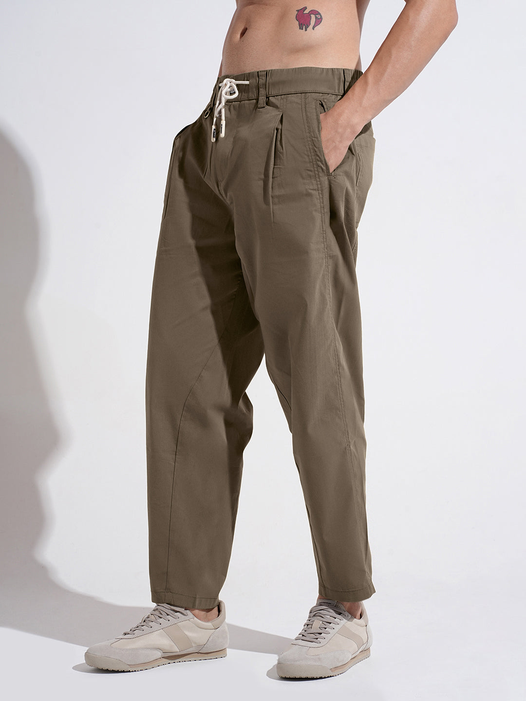 Men's Khaki Relaxed Fit Trousers with Elasticated Waist and Drawstring