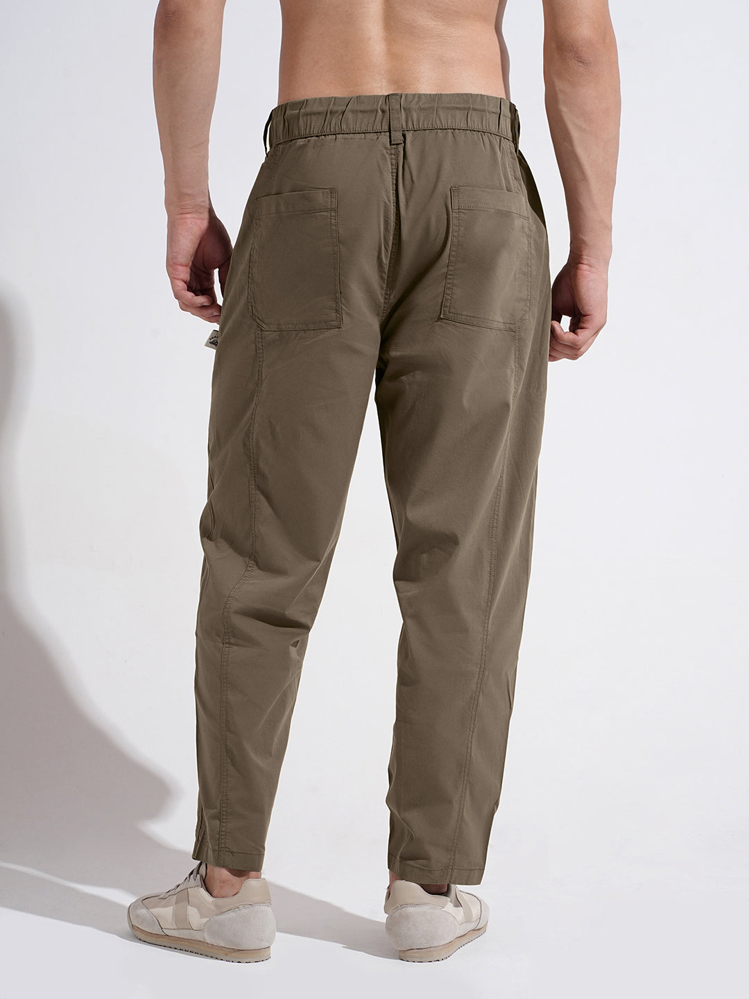 Men's Khaki Relaxed Fit Trousers with Elasticated Waist and Drawstring