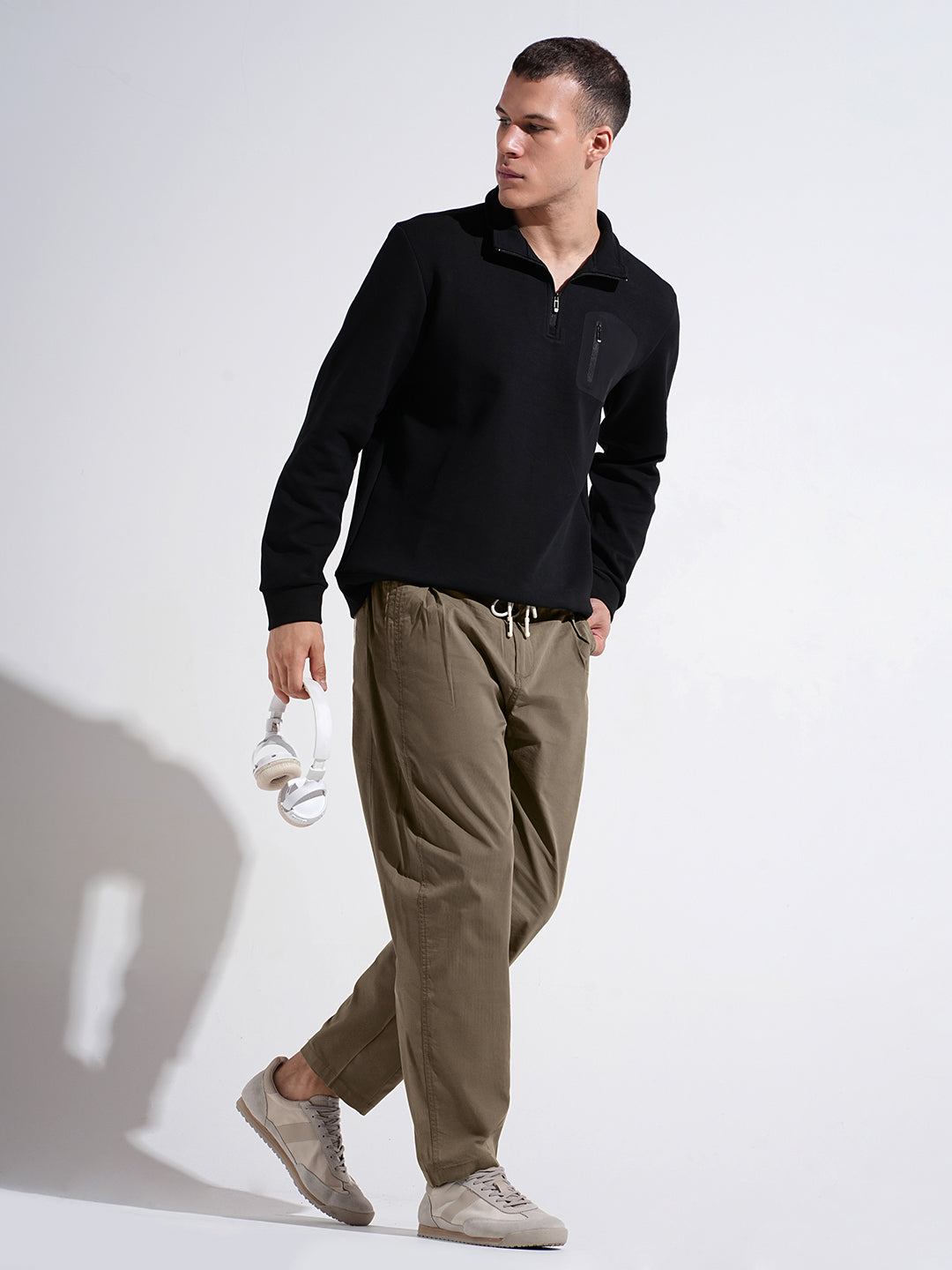 Men's Khaki Relaxed Fit Trousers with Elasticated Waist and Drawstring