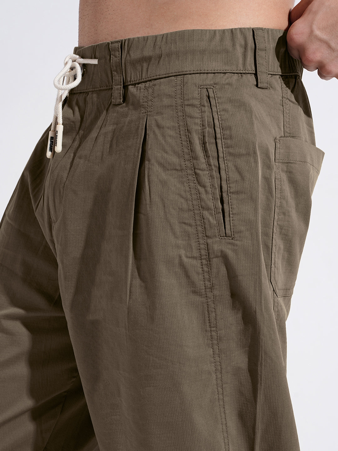 Men's Khaki Relaxed Fit Trousers with Elasticated Waist and Drawstring